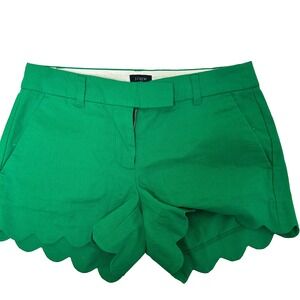 J. Crew Bermuda Short Womens 2 Green Scalloped Hem Slant Pockets 4" Linen-Cotton